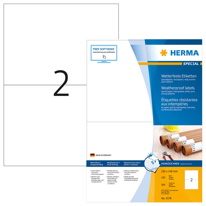 Herma Etiketten Witterungsbeständig, 210x148mm, wetterfest, weiß, matt, 100 Blatt (200 Etiketten)