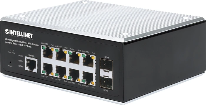 Intellinet Industrial Railmount Gigabit Managed Switch, 8x RJ-45, 2x SFP, 240W PoE+