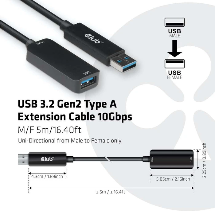 Club 3D USB 3.1 Verlängerungskabel, USB-A 3.1 Stecker auf USB-A 3.1 Buchse, 5m