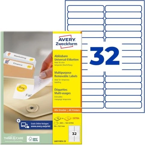 Avery-Zweckform Etiketten, 96x16.9mm, ablösbar, weiß, 30 Blatt (960 Etiketten)