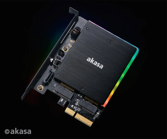 Akasa M.2 PCIe and M.2 SATA SSD adapter card with RGB LED light and heatsink