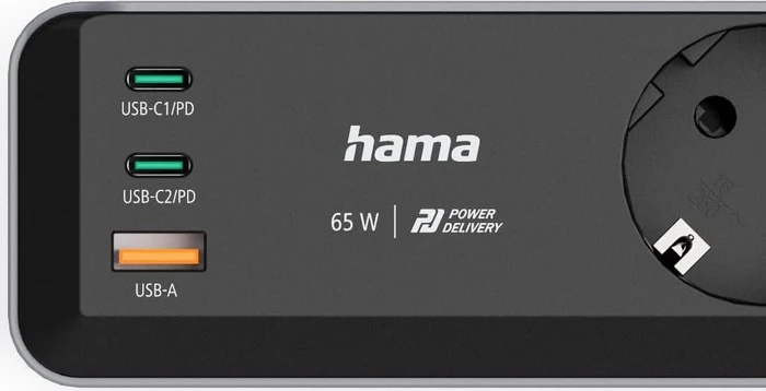 Hama Steckdosenleiste mit Schalter, 2-fach, 1x USB-A/2x USB-C 65W USB-PD, 1.4m, schwarz/grau