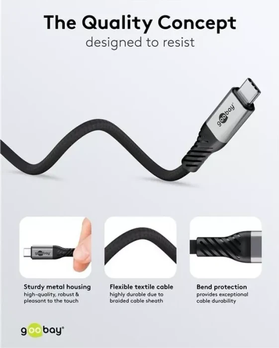 goobay USB-C Kabel, USB4 Version 2.0, 80Gb/s, 16K60Hz, 240W PD EPR, USB-C Stecker auf USB-C Stecker, schwarz/grau, 1.5m