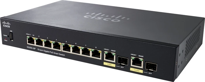 Cisco SG250 Desktop Gigabit Smart Switch, 8x RJ-45, 2x RJ-45/SFP, 62W PoE+
