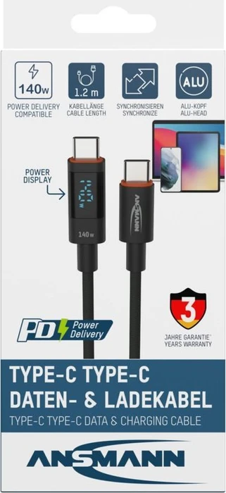 Ansmann USB-C Kabel, USB 2.0, 480Mb/s, 140W PD 3.1, USB-C Stecker auf USB-C Stecker, schwarz, 2m