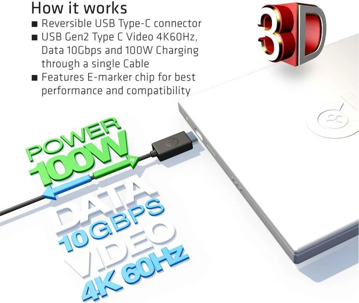 Club 3D USB-C 3.1 Kabel, 10Gb/s, 4K60Hz, 100W PD, USB-C 3.1 Stecker auf USB-C 3.1 Stecker, 0.8m