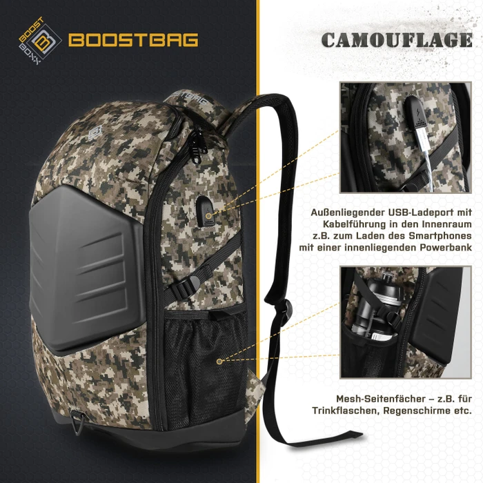 BoostBoxx BoostBag Notebook-Rucksack 17.3", Anti-Theft-Backpack, Camouflage