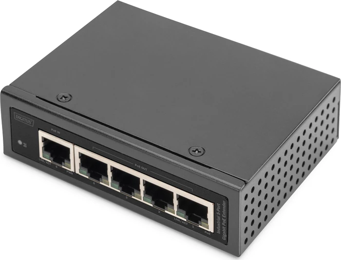 Digitus Industrial Railmount Gigabit PoE-Extender, 5x RJ-45, 60W PoE++ PD