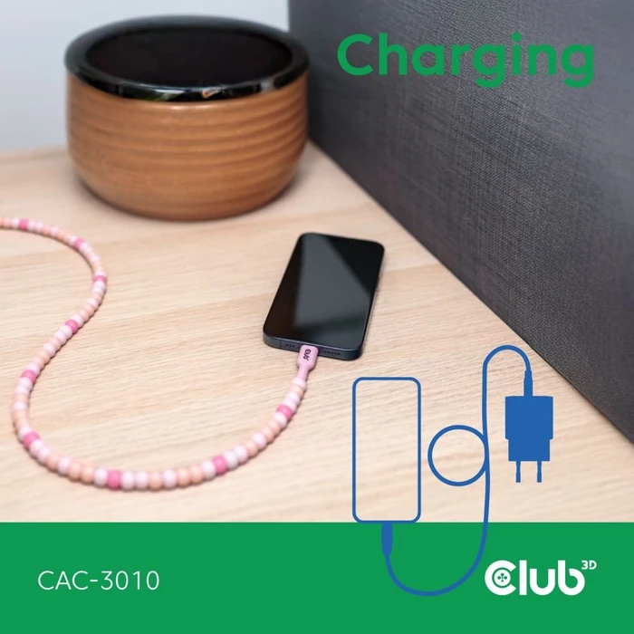 Club 3D USB-C Perlenkabel, 480Mb/s, 60W PD, USB-C 2.0 Stecker auf USB-C 2.0 Stecker, 2m, rosa