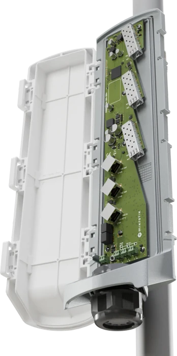 MikroTik Cloud Smart Switch CSS606, GPERx6 Outdoor Polemount 10G Smart Switch, 3x RJ-45, 3x SFP+, 150W PoE++ PD
