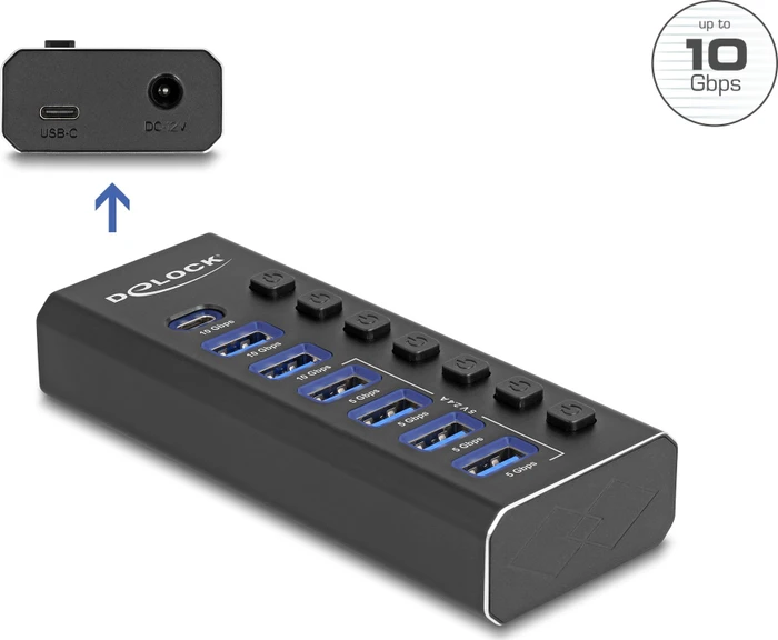 DeLOCK 7 Port USB Hub mit Schalter und Beleuchtung, USB-C 3.1 [Buchse]