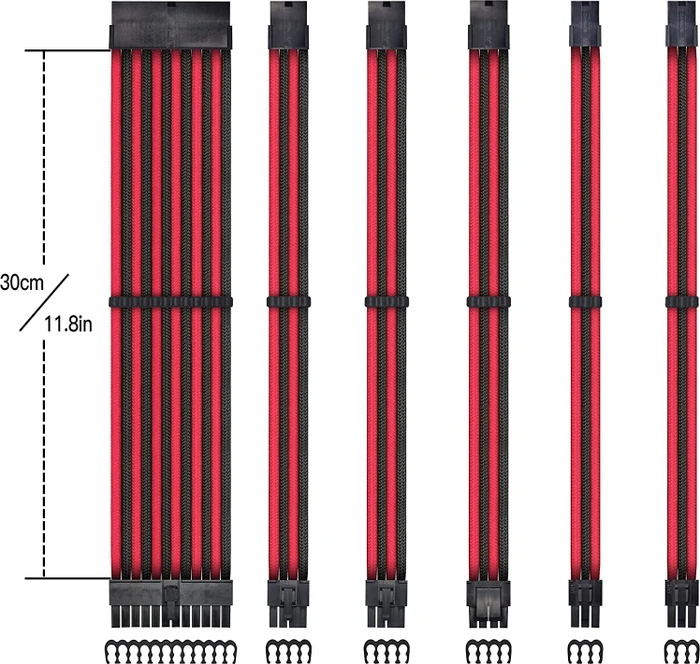 EZDIY-FAB Cable Extension Kit, 1x 24-Pin, 1x 4/8-Pin ATX, 2x 6-Pin PCIe, 16AWG, 2x 8-Pin PCIe, 16 AWG Nylon, rot/schwarz