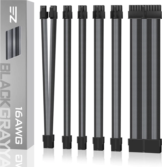 EZDIY-FAB Cable Extension Kit, 1x 24-Pin, 1x 4/8-Pin ATX, 2x 6-Pin PCIe, 16AWG, 2x 8-Pin PCIe, 16 AWG Nylon, grau/schwarz