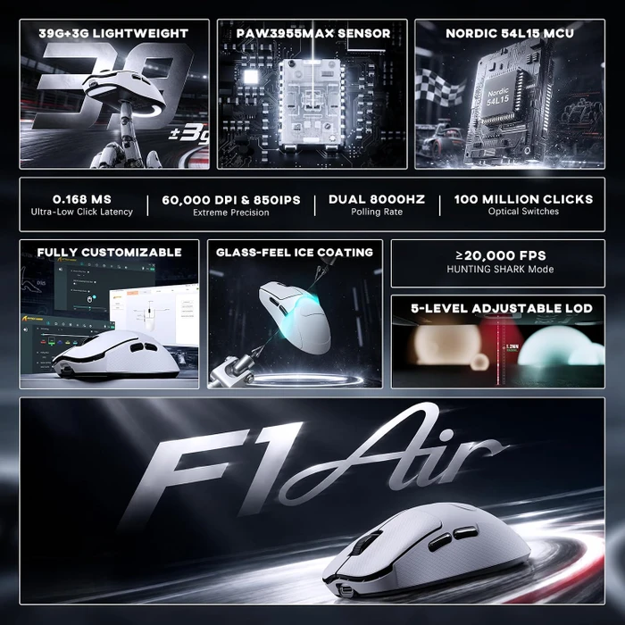 Attack Shark F1 Air 8KHz Wireless, White & Black, inkl. Grip Tape, USB/Bluetooth