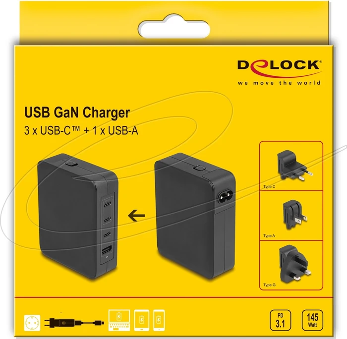 DeLOCK USB GaN Ladegerät 3x USB Type-C PD 3.1 mit 145W schwarz