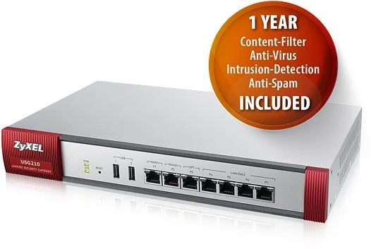 Zyxel ZyWALL USG210 UTM Rackmount Firewall, 7x RJ-45, Service Bundle, 1 Jahr