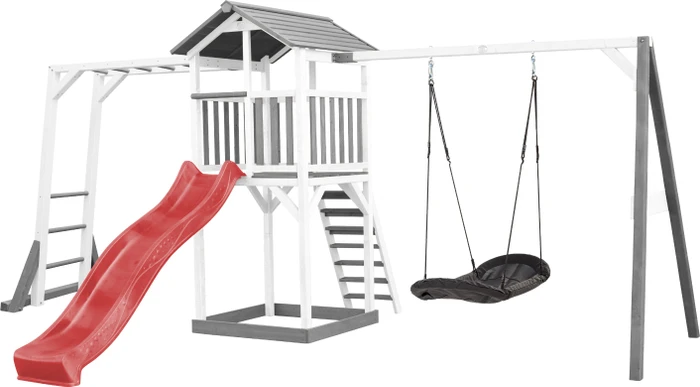 Axi Spielturm Beach Tower mit Klettergerüst, Rutsche und Roxy Nestschaukel weiß/grau/rot