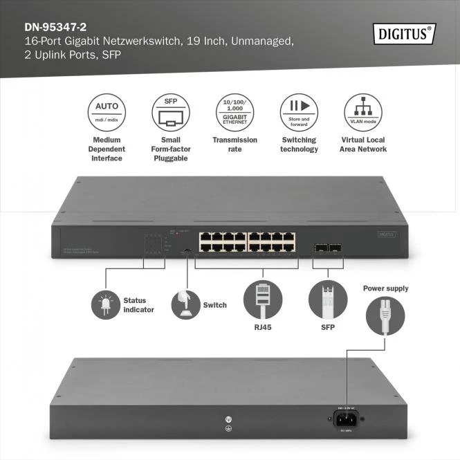 Digitus DN-953 Rackmount Gigabit Switch, 16x RJ-45, 2x SFP, 250W PoE+