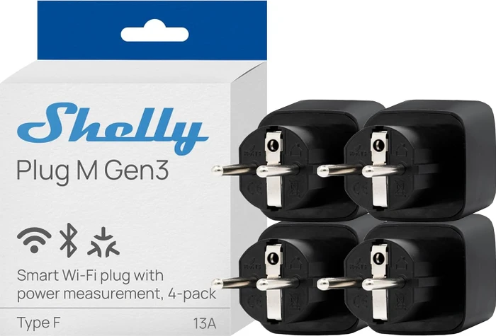 Shelly Plug M Gen3, schwarz, 3000W, Smart-Steckdose, 4er-Pack