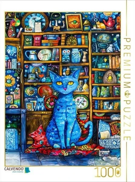 Calvendo Katze sitzt auf Kissen in Bibliothek