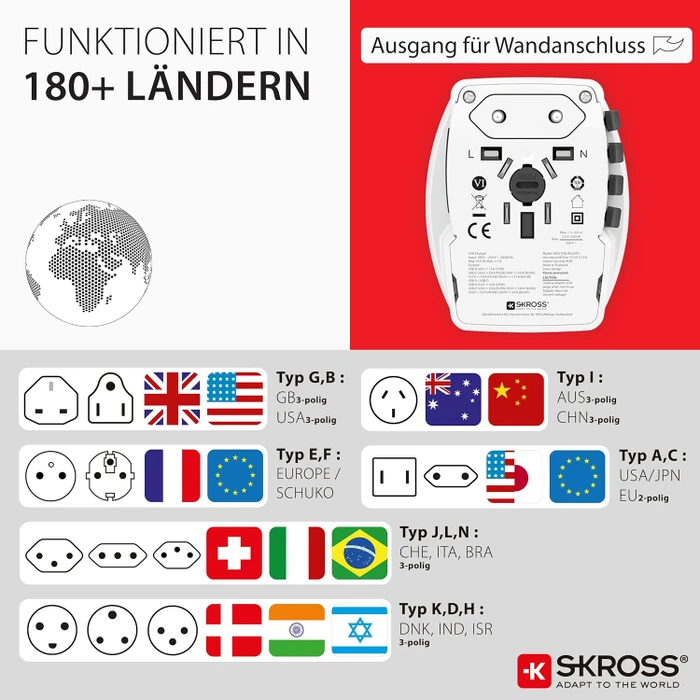Skross World Travel Adapter MUV USB AC65PD, 1x USB-A, 1x USB-C, mit USB-C Kabel, weiß