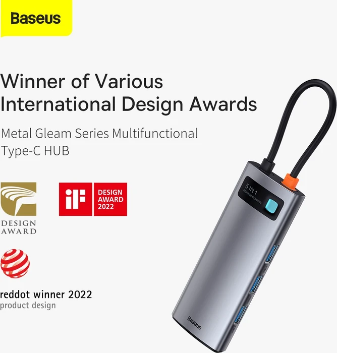 Baseus Metal Gleam 5-in-1 Hub, USB-C 3.0 [Stecker]