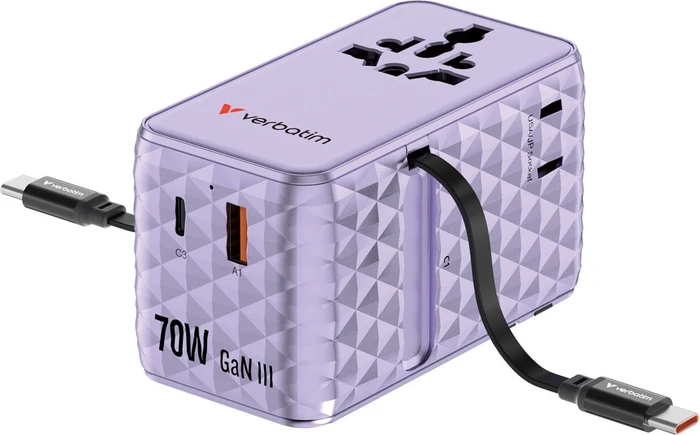 Verbatim Charge 'n' Travel GaN III Universal-Reiseadapter 70W violett