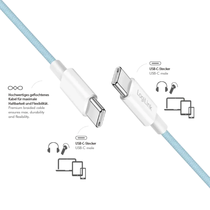 LogiLink USB-C Kabel, USB 2.0, 480Mb/s, 60W PD, USB-C Stecker auf USB-C Stecker, Nylon, blau, 1.5m