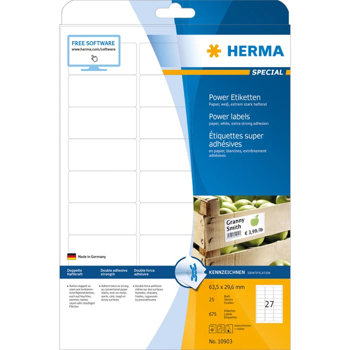 Herma Poweretiketten, 63.5x29.6mm, weiß, matt, 25 Blatt (675 Etiketten)