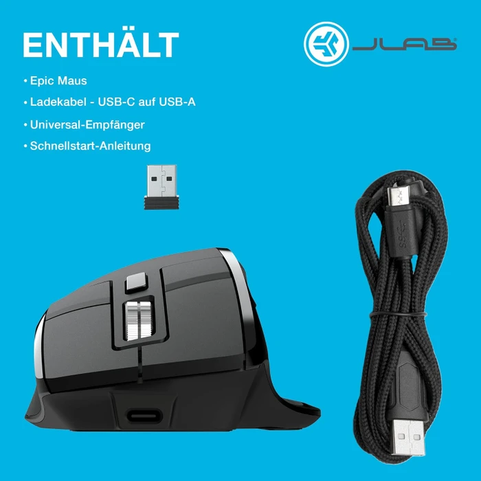 JLab Epic Wireless Mouse, schwarz, USB/Bluetooth