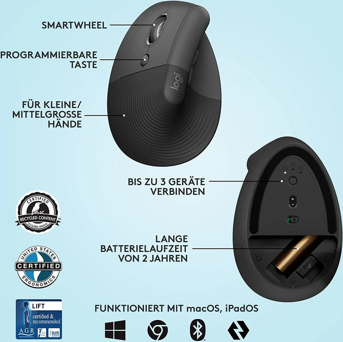 Logitech Lift Left Vertical Ergonomic Mouse, Graphite, Linkshänder, Logi Bolt, USB/Bluetooth