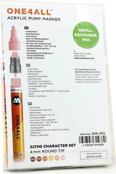 Molotow ONE4ALL 227HS 4mm Acrylmarker Character-Set sortiert, 6er-Set, Etui