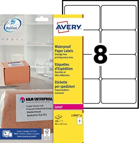Avery-Zweckform Versandetiketten, 99.1x67.7mm, wetterfest, weiß, 25 Blatt (200 Etiketten)