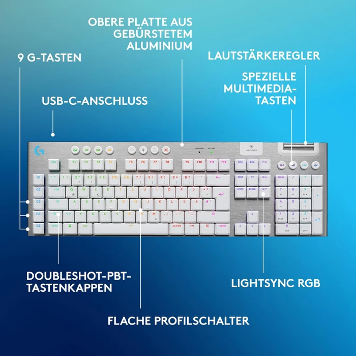 Logitech G915 X Lightspeed, weiß, LEDs RGB, GL TACTILE, USB/Bluetooth, US