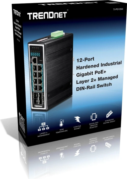 TRENDnet TI Hardened Industrial Railmount Gigabit Managed Switch, 8x RJ-45, 4x SFP, 240W PoE+