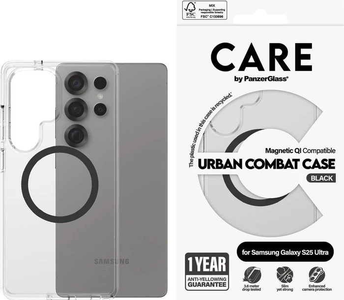 PanzerGlass Care Flagship Case Urban Combat Magnetic Qi für Samsung Galaxy S25 Ultra transparent/schwarz