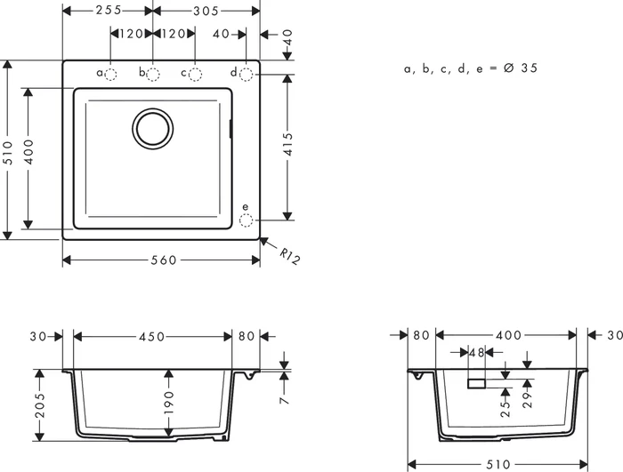 Hansgrohe S51 S510-F450 450 Einbau Becken mittig graphitschwarz