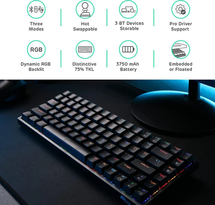 RK Royal Kludge RK84 75% Wireless, schwarz, LEDs RGB, hot-swap, RK BROWN, USB/Bluetooth, DE