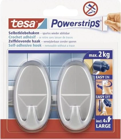 tesa Powerstrips Klebehaken large chrom, Klebehaken, 2 Stück