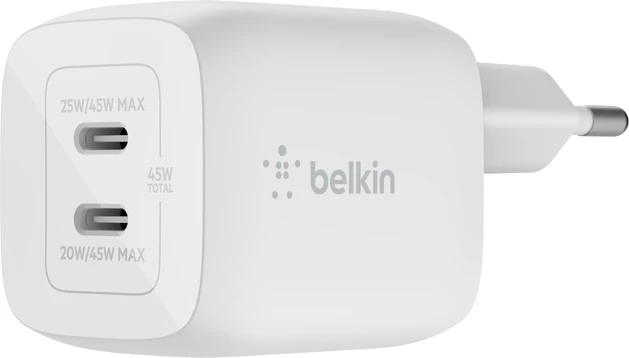 Belkin BoostCharge Pro USB-C-GaN-Ladegerät mit zwei Anschlüssen und PPS (45W) weiß