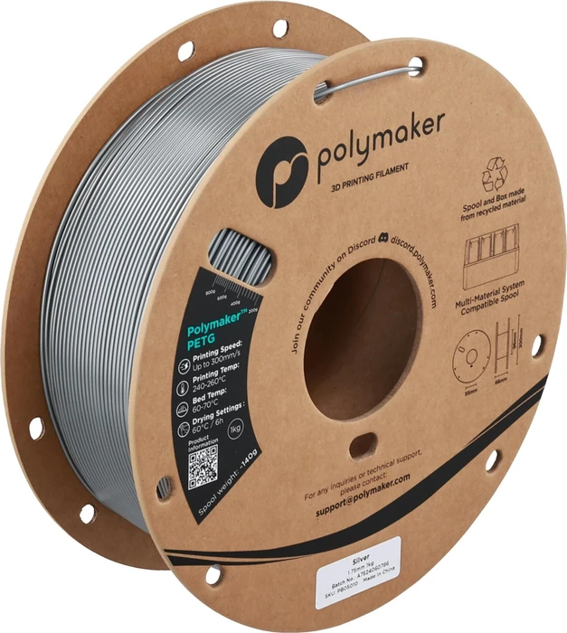 Polymaker PETG, silber, Spule, 1.75mm, 1.00kg