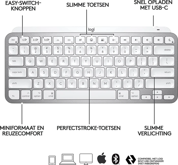 Logitech MX Keys Mini for Mac, LEDs weiß, Logi Bolt, Pale Gray, weiß/grau, USB/Bluetooth, US