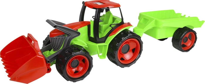 LENA Giga Trucks Traktor mit Frontlader & Anhänger, hellgrün/rot (02136)