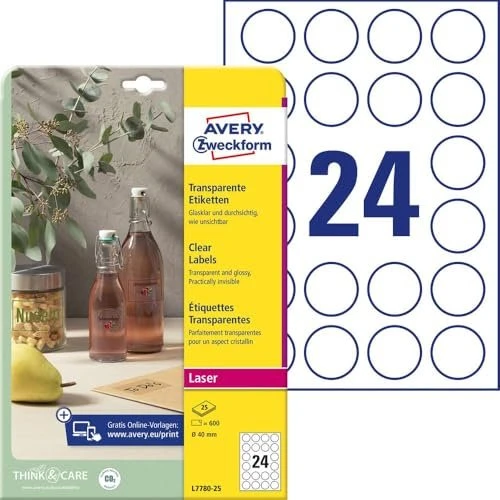 Avery-Zweckform Etiketten mit Spezialbeschichtung rund, 40mm, transparent, 25 Blatt (600 Etiketten)