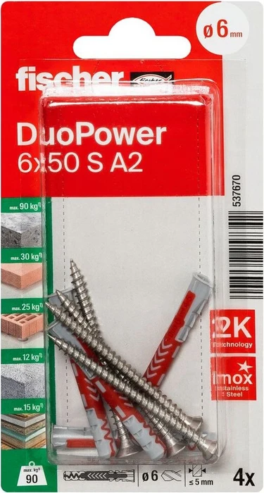 fischer DuoPower 6x50 S A2 K Schrauben/Dübel-Sortiment, 4 Stück (537670)