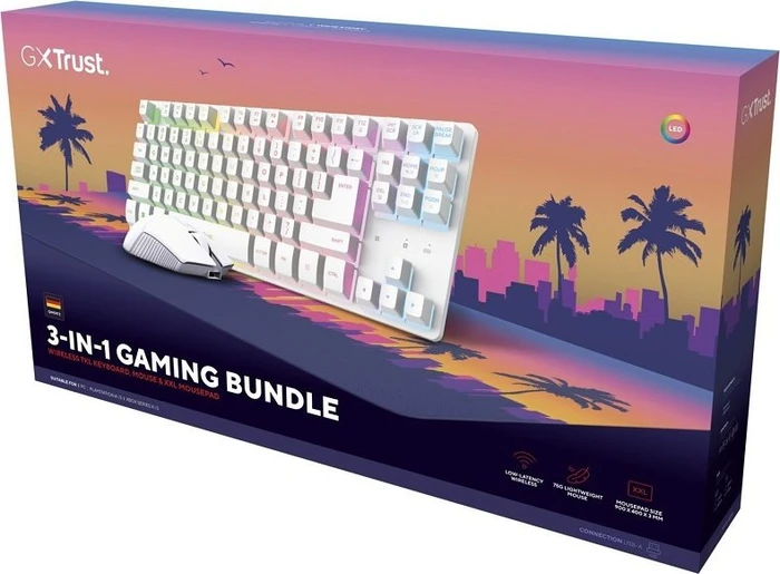 Trust Gaming GXT 882 3-in-1 Gaming-Bundle, Wireless TKL Keyboard & Mouse + XXL Mousepad Miami Style, USB, DE