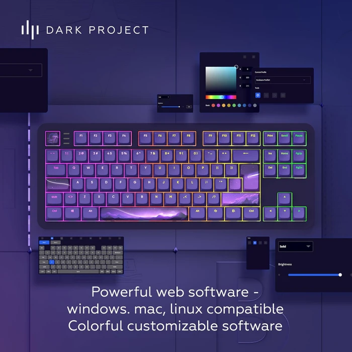 Dark Project ALU87B Celestial Gaming Keyboard, violett, LEDs RGB, g3ms Voidstone Silent, USB, DE