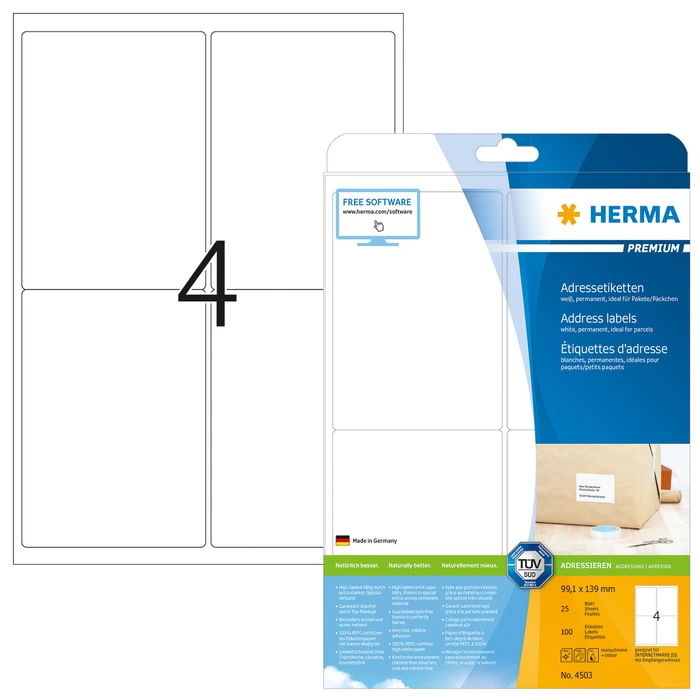 Herma Etiketten Premium, 99.1x139mm, weiß, matt, 25 Blatt (100 Etiketten)