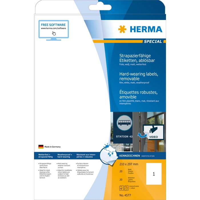 Herma Folienetiketten, A4, ablösbar, wetterfest, weiß, matt, 20 Blatt (20 Etiketten)