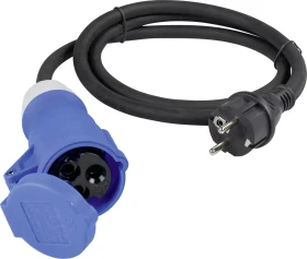 as-Schwabe CEE Adapterleitung mit CEE Stecker und SCHUKO-Kupplung IP44 schwarz/blau, H07RN-F 3G2.5 3-polig, 1.5m